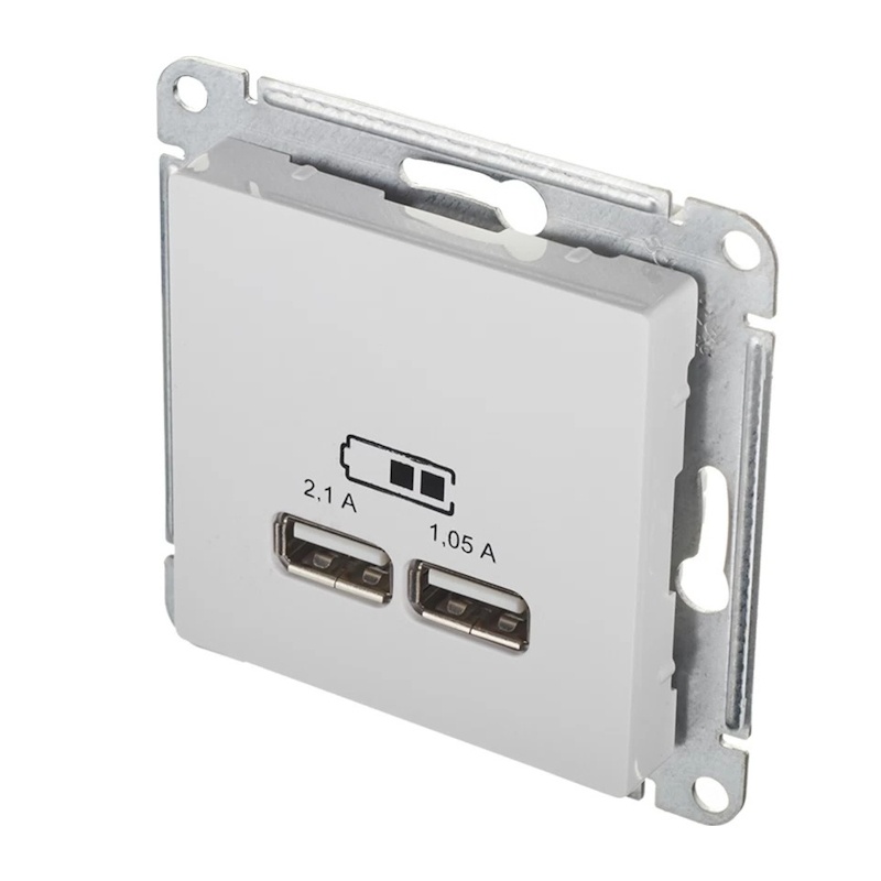 Розетка USB с/у Atlasdesign ATN000133, 2 гнезда, тип А, 2.1 А, белая