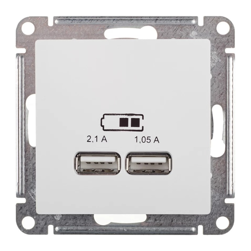 Розетка USB с/у Atlasdesign ATN000133, 2 гнезда, тип А, 2.1 А, белая