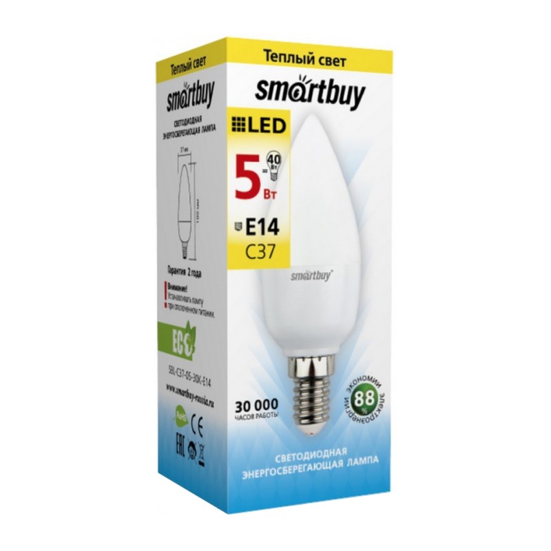Лампа светодиодная Smartbuy LED E14, свеча, 5Вт, 230В, 3000К, теплый свет