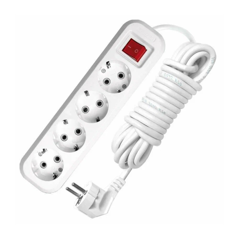 Удлинитель бытовой 9631991, 4 гнезда, ПВС 3х1, 2990 Вт, с/з, 5 м, белый