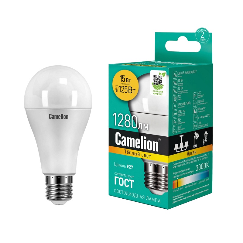 Лампа светодиодная Camelion LED E27, груша, 15Вт, 230В, 3000К, теплый свет