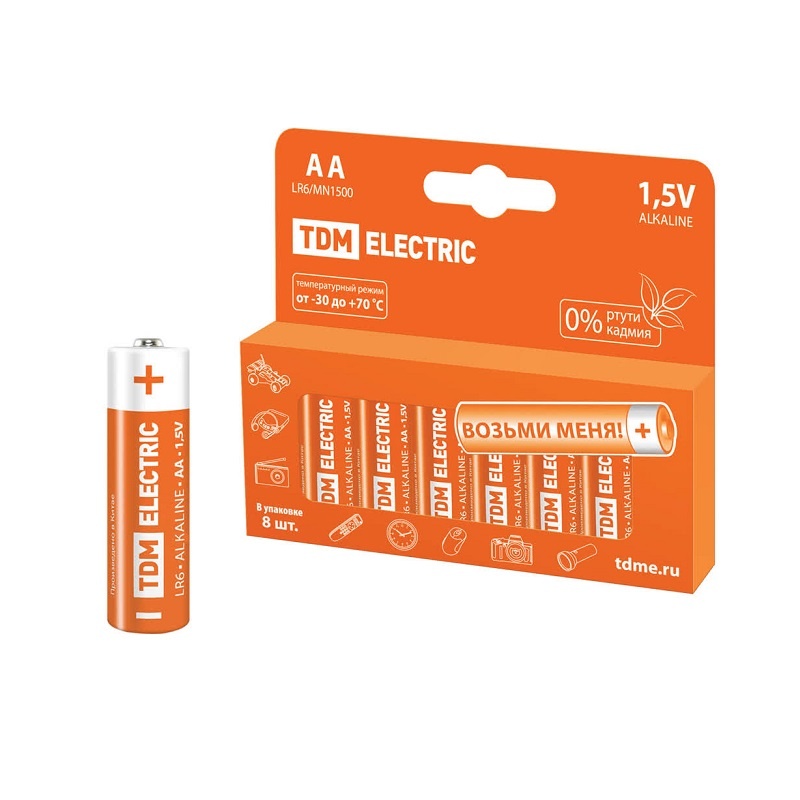 Батарейки алкалиновые TDM тип LR6/АА, 1,5 В (8 шт)