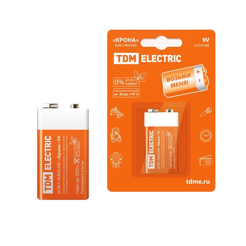 Батарейки алкалиновые TDM тип 6LR61/Крона, 9 В