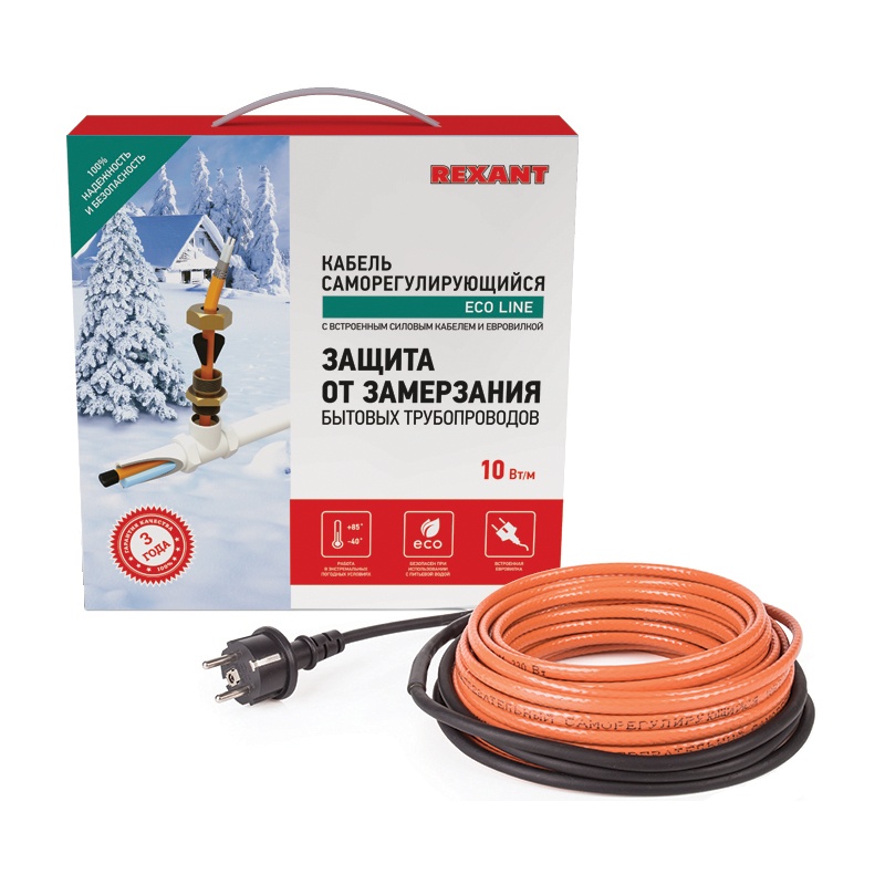 Кабель греющий саморегулирующийся Rexant SRP 10HTM2-CT, для установки в трубу, 10 Вт/м (4 м)