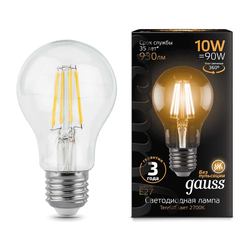 Лампа филаментная Gauss Black LED E27, груша, 10Вт, 2700К, теплый свет