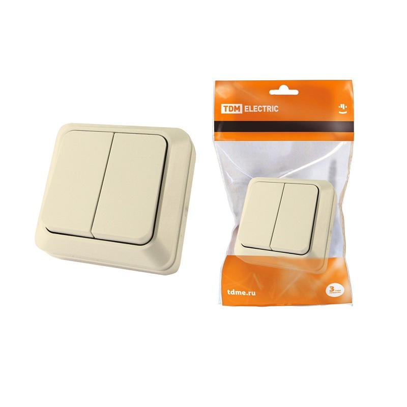 Выключатель о/у Ладога SQ1801-0004, 2 клавиши, б/инд, слоновая кость