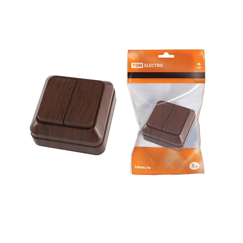 Выключатель о/у Ладога SQ1801-0028, 2 клавиши, б/инд, темное дерево