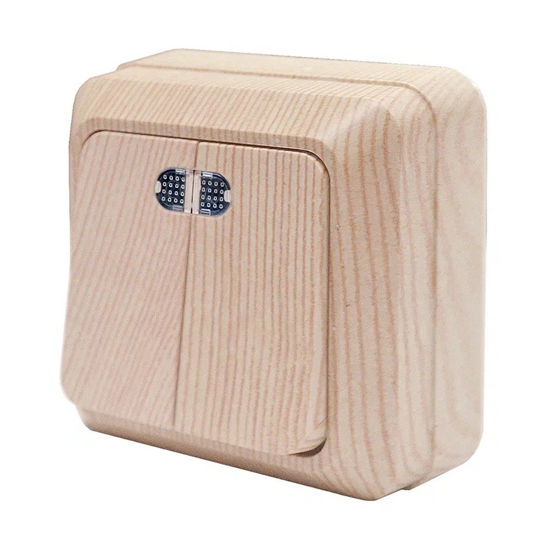 Выключатель о/у Олимп 5560841, 2 клавиши, с/инд, IP20, светлое дерево