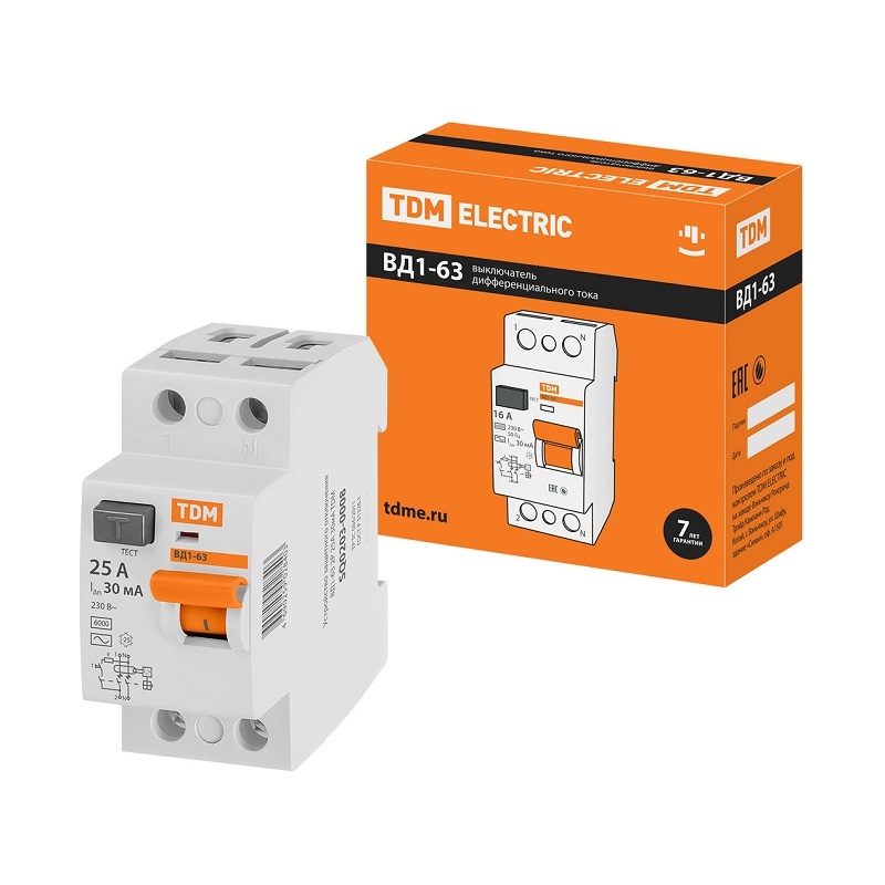 Устройство защитного отключения TDM ВД1-63, 25А, 30мА, тип АС, 2П