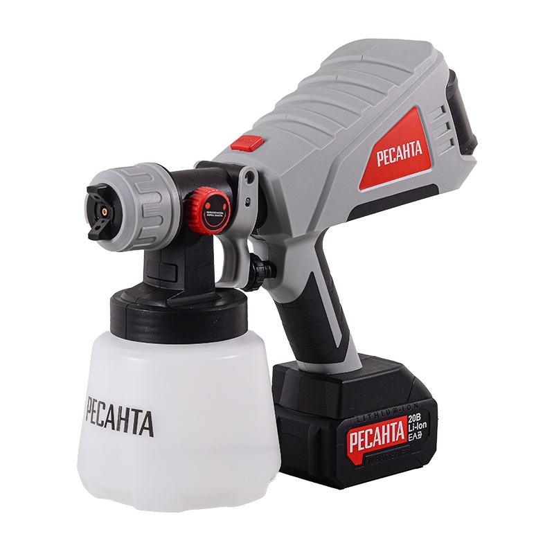 РЕСАНТА Краскораспылитель аккум. 1л, 80 DIN, HVLP, d=1/1,8/2,5мм,20В, Li-ion 1х4Ач, коробка