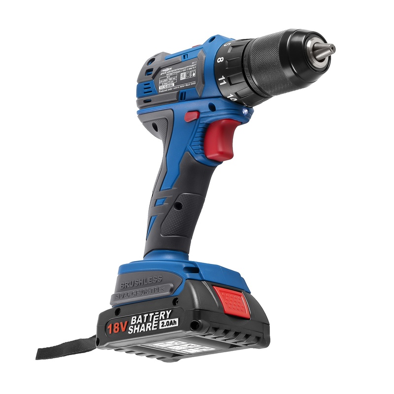 Дрель-шуруповерт Trigger 20111, бесщеточная, 2 аккумулятора Li-ion (2Ач), 18V, 13 мм, 72 Нм, кейс